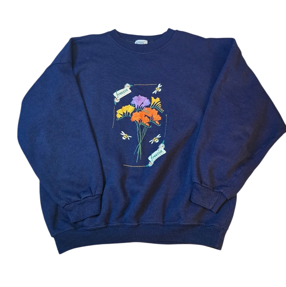 Vintage Acorn Leisure Crewneck Sweatshirt With Floral Embroidery
